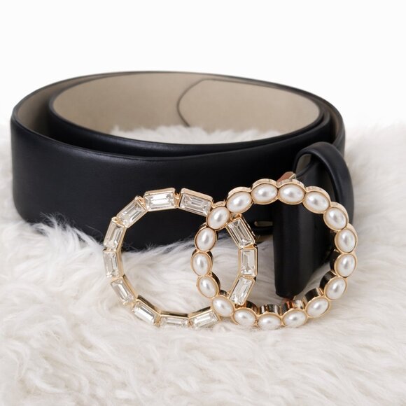 Vince Camuto Accessories - Vince Camuto Statement Belt Pearl Rhinestone Double Circle Buckle Black NWOT M/L